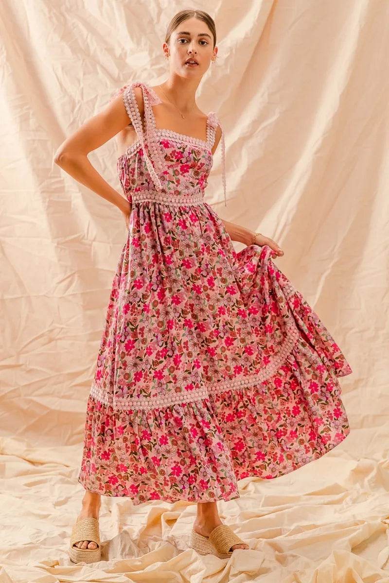 SO ME Floral Maxi Dress With Ribbon Tie Lace Strap - Veloro