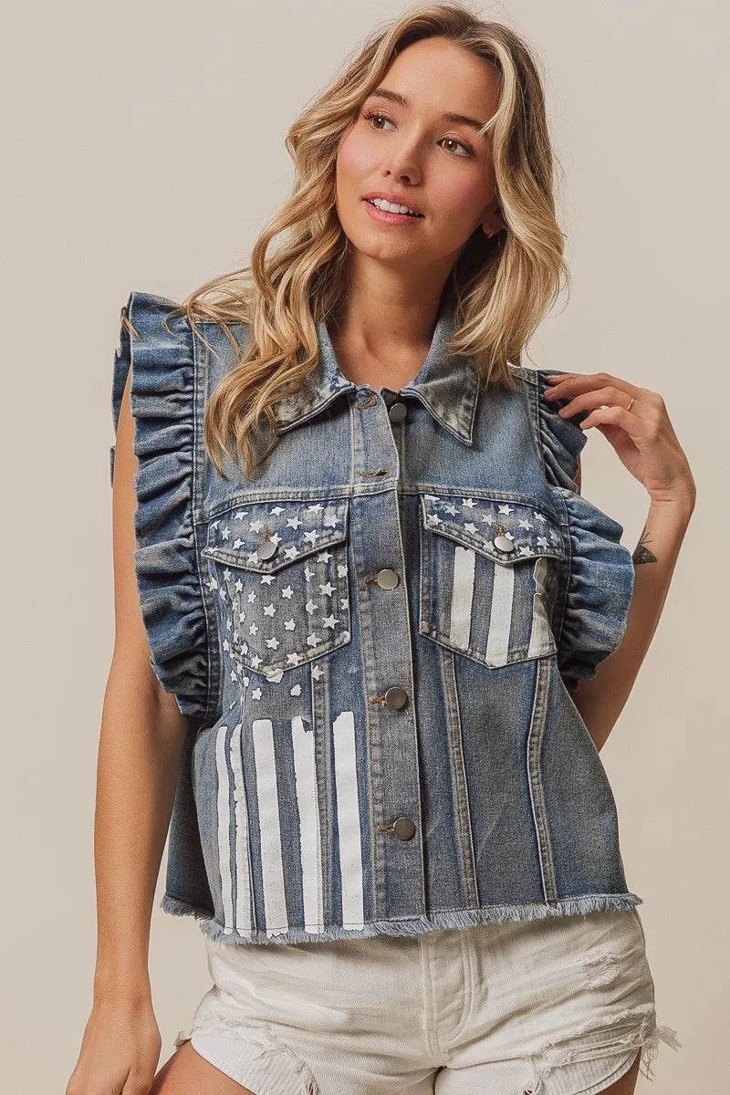 BiBi American Flag Washed Denim Jacket - Veloro