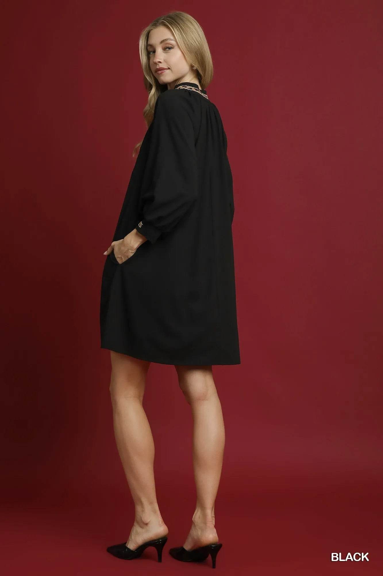 Umgee Notched Shift Dress with Trim Detail - Veloro