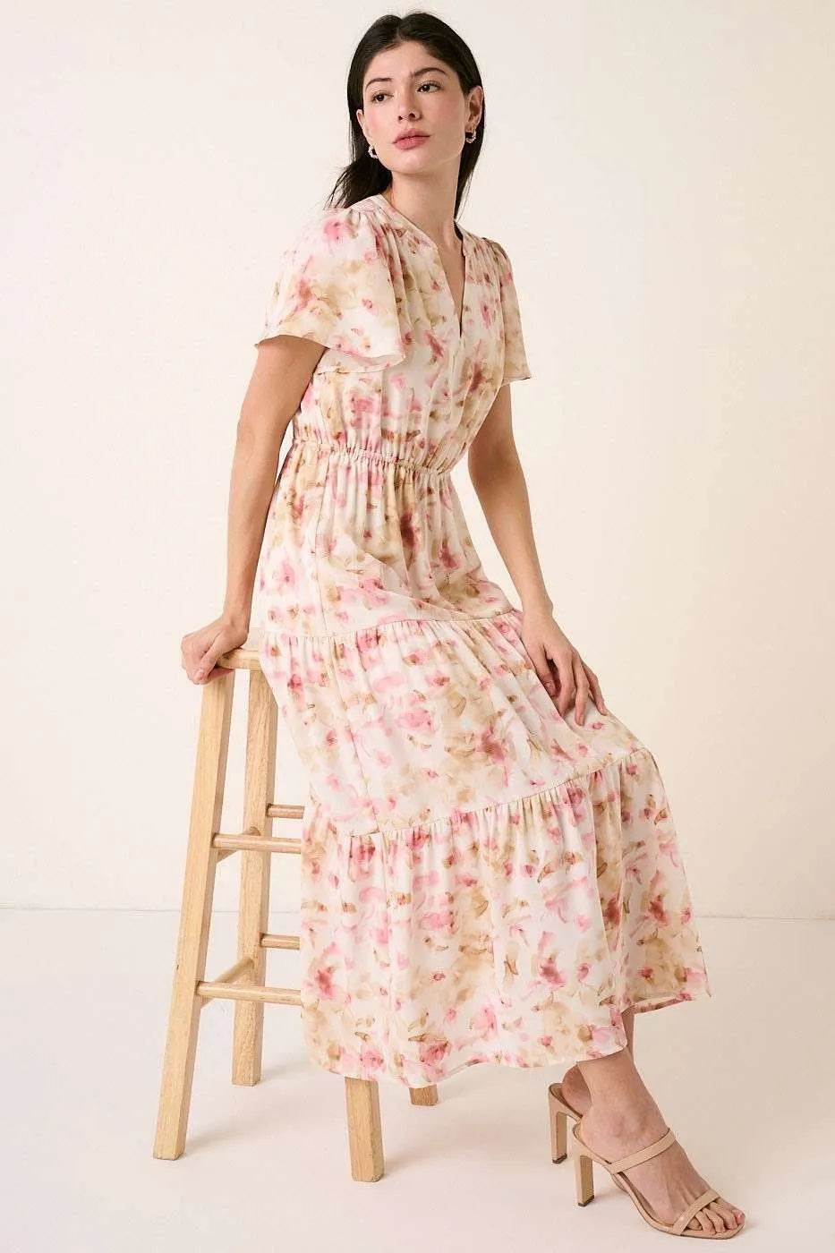 Mittoshop Flower Print Flutter Sleeve V Slit Maxi Dress - Veloro