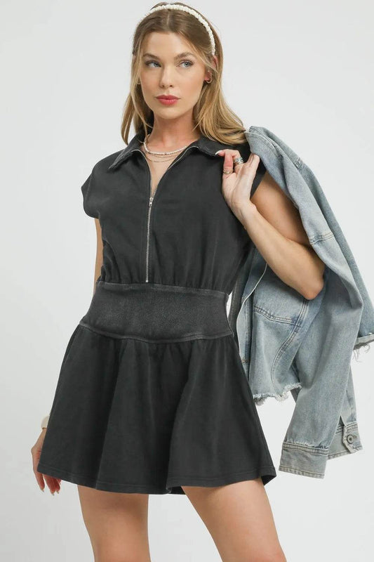 Umgee Zip Front Cap Sleeve Mini Dress - Veloro