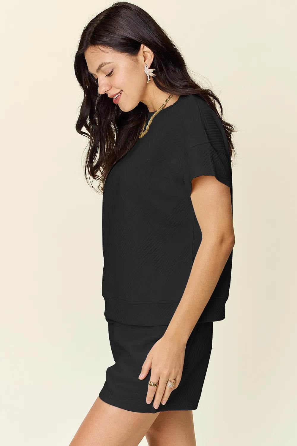 Double Take Full Size Texture Short Sleeve T-Shirt and Drawstring Shorts Set - Veloro