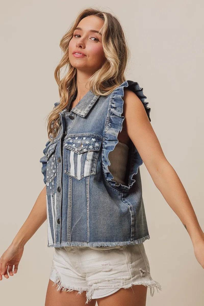 BiBi American Flag Washed Denim Jacket - Veloro