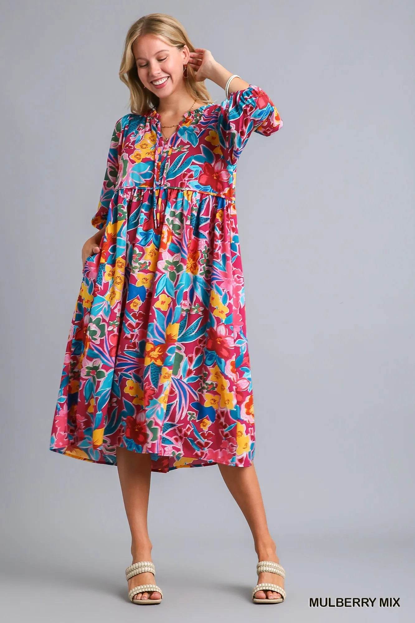 Umgee Full Size Floral Print Tie Neck Midi Dress with Pockets Plus Size - Veloro