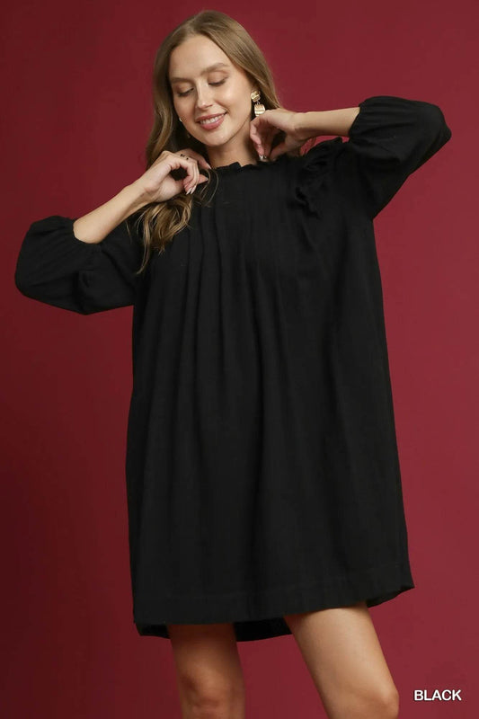 Umgee Linen Ruffle Shoulder Pleated Babydoll Dress - Veloro