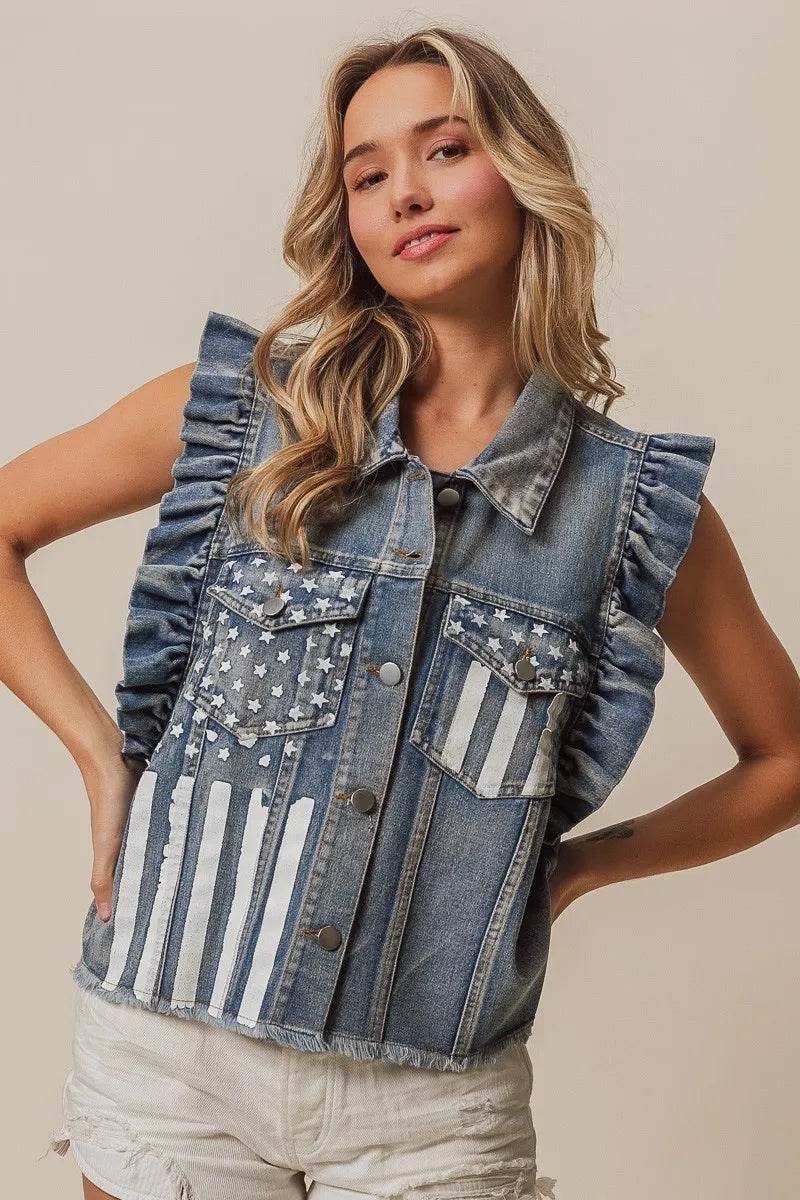 BiBi American Flag Washed Denim Jacket - Veloro