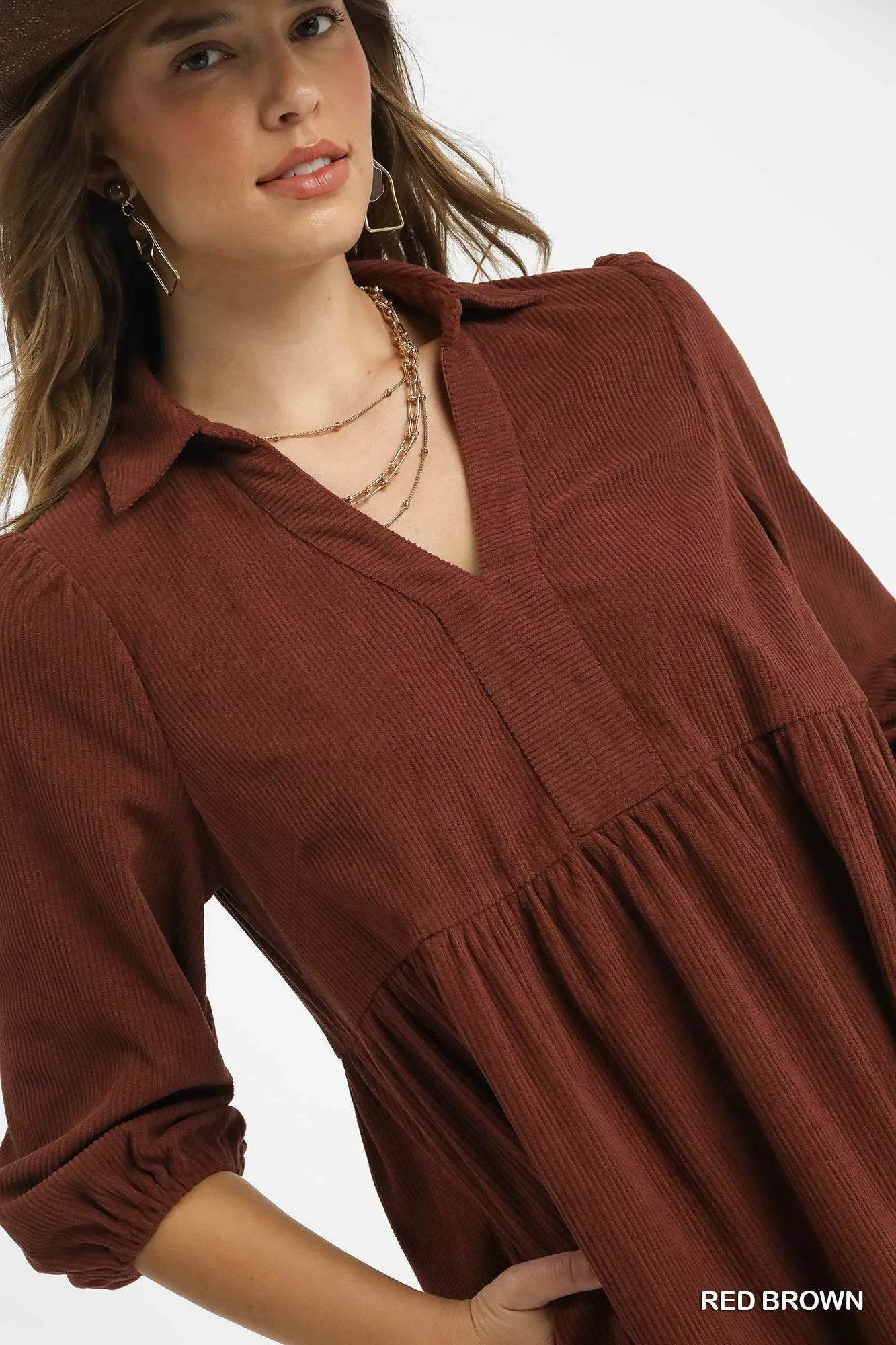 Umgee Tiered Corduroy Mini Dress with Balloon Sleeves - Veloro