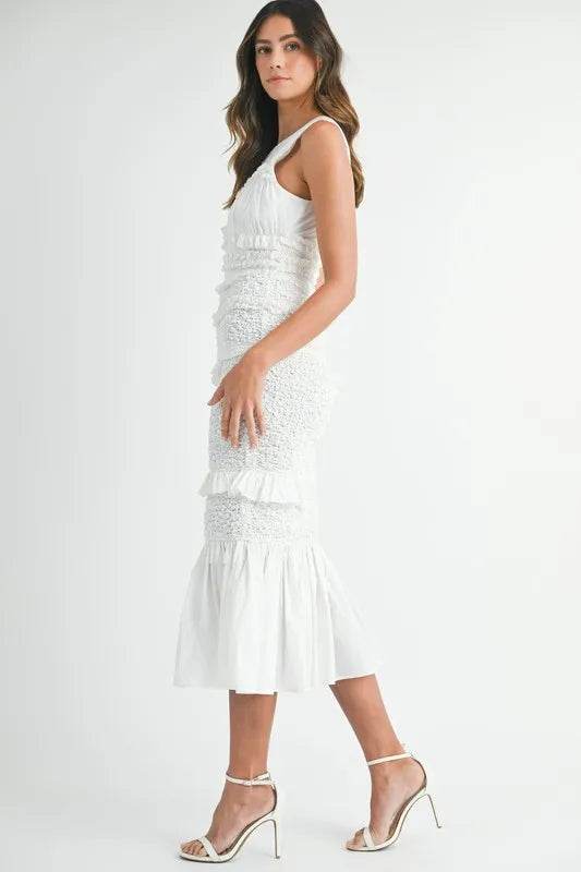 MABLE Ruffled Popcorn Smocked Mermaid Midi Dress - Veloro
