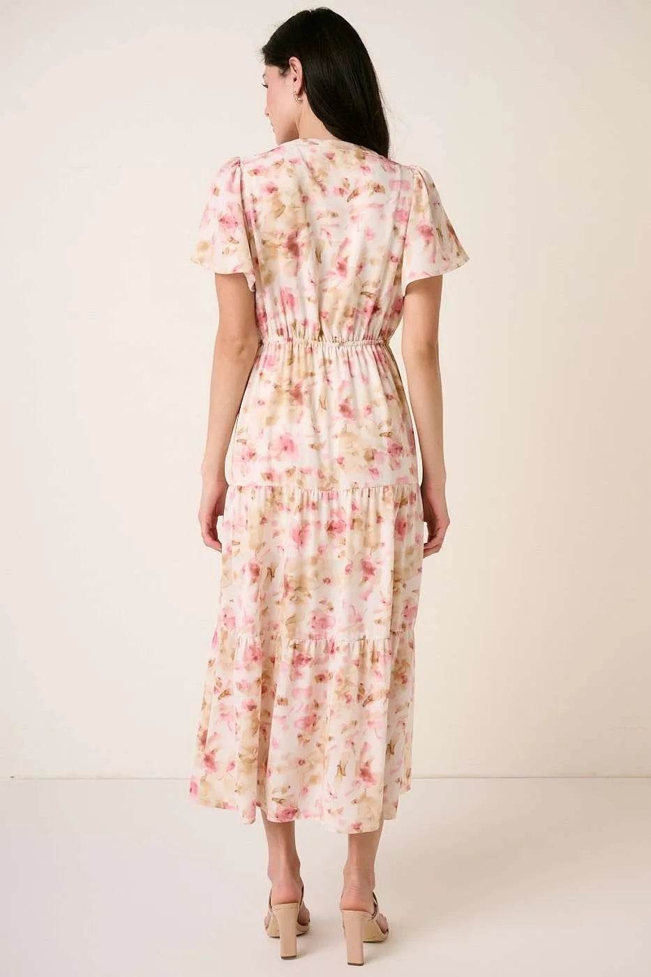Mittoshop Flower Print Flutter Sleeve V Slit Maxi Dress - Veloro
