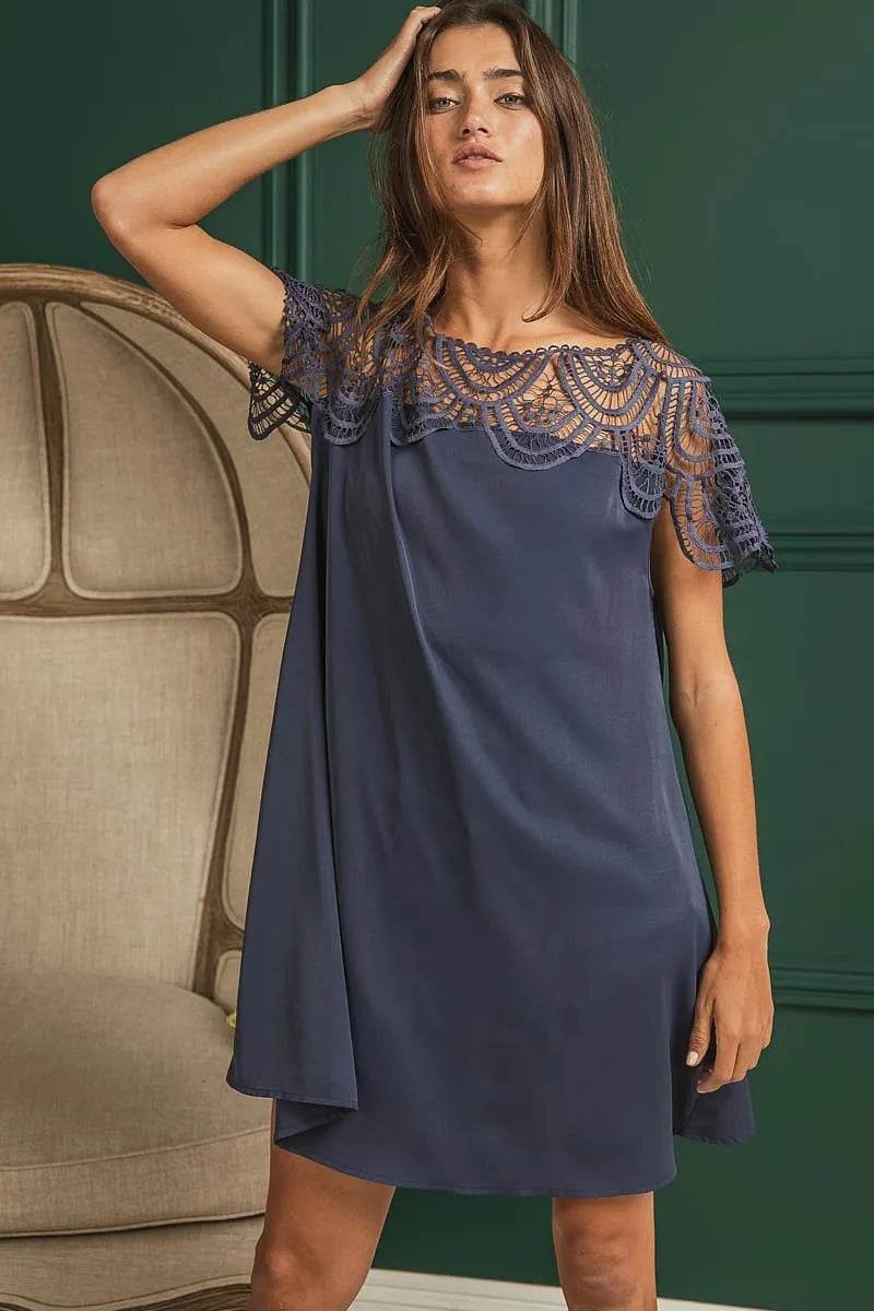 BiBi Crochet Lace Yoke Detailed Wrinkled Dress - Veloro