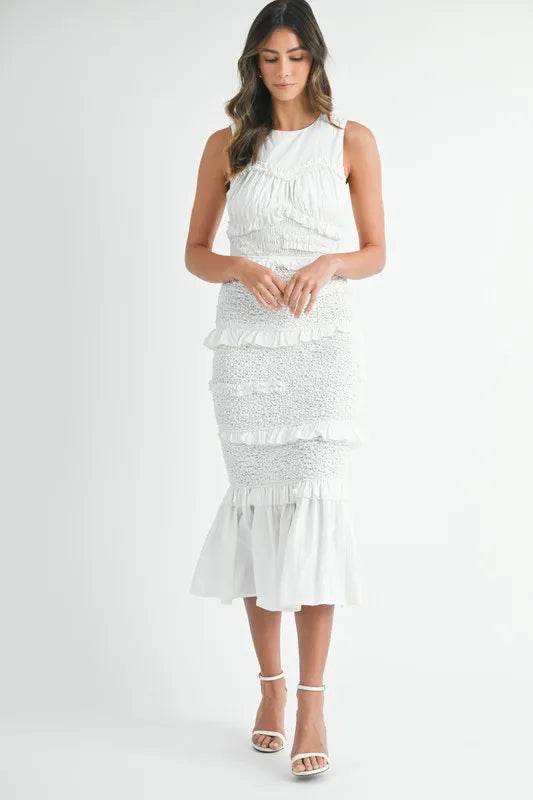 MABLE Ruffled Popcorn Smocked Mermaid Midi Dress - Veloro