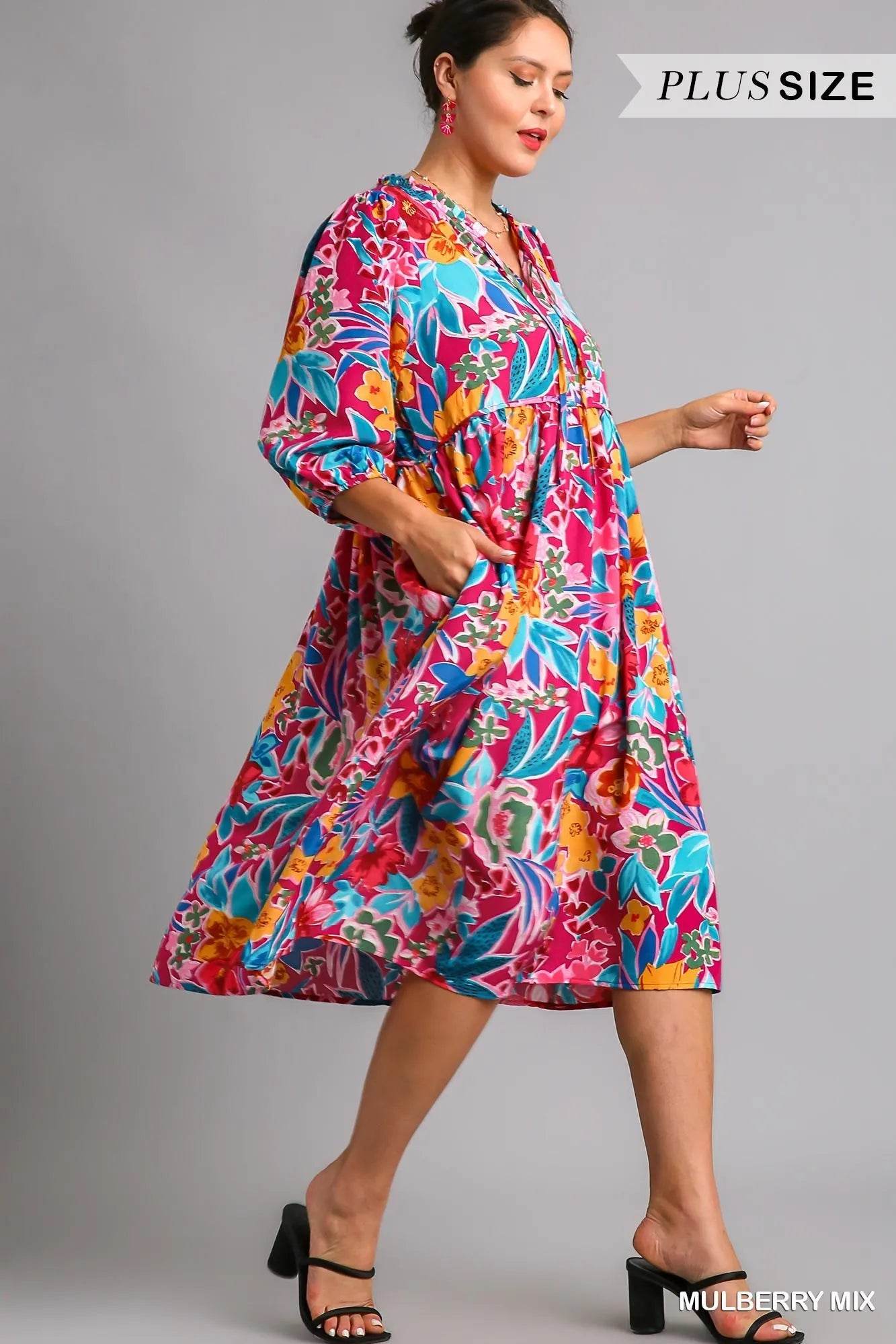 Umgee Full Size Floral Print Tie Neck Midi Dress with Pockets Plus Size - Veloro