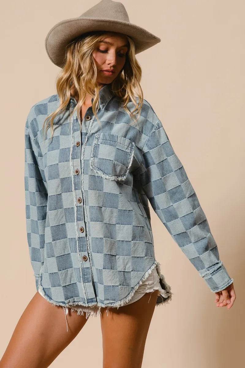 BiBi Frayed Edged Detail Washed Checker Denim Shirt - Veloro