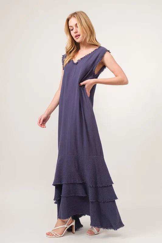And The Why Washed Cotton Gauze Fringe Detail Tiered Dress - Veloro