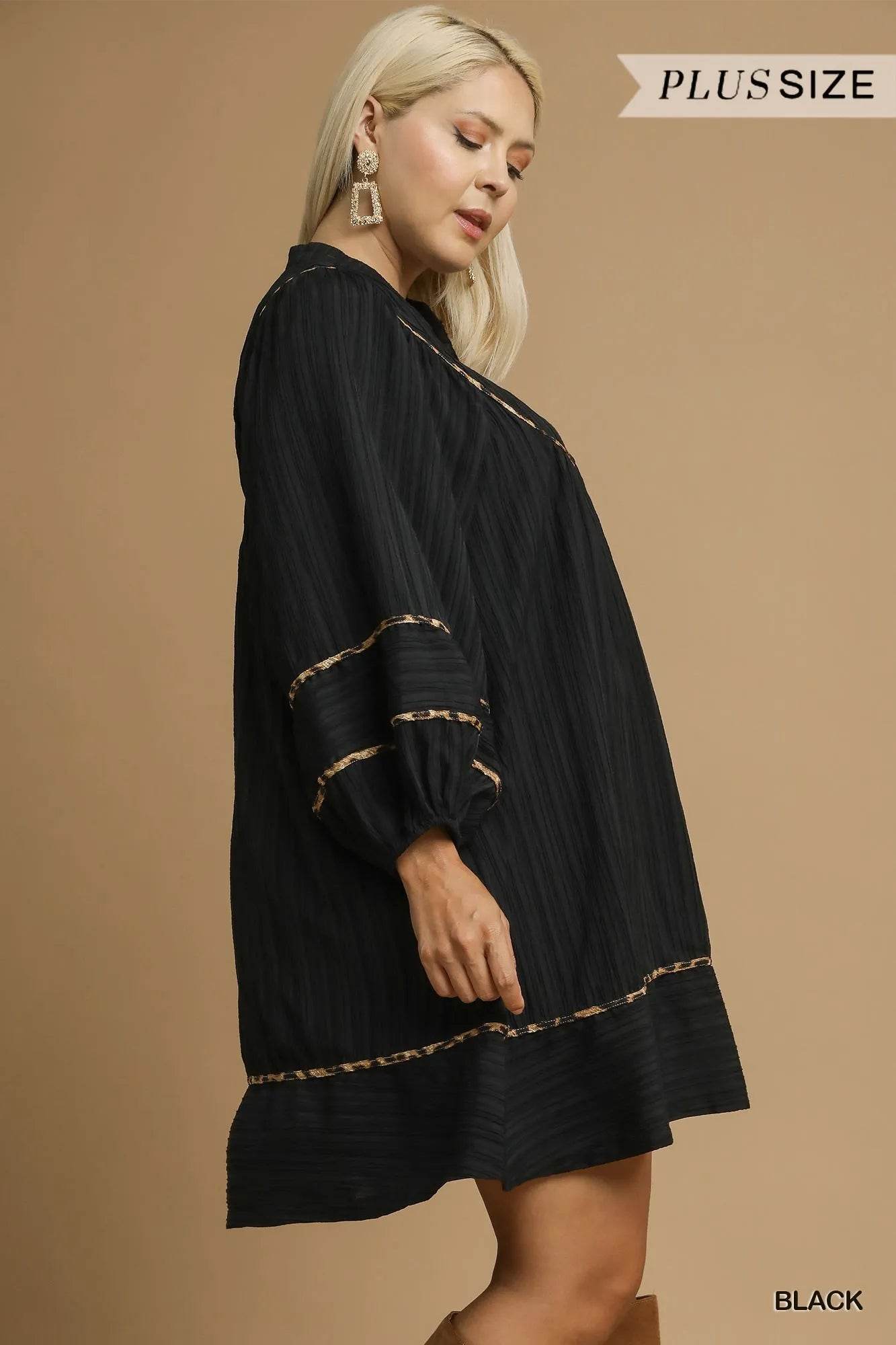 Umgee Full Size Textured Babydoll Dress with Leopard Trim Plus Size - Veloro