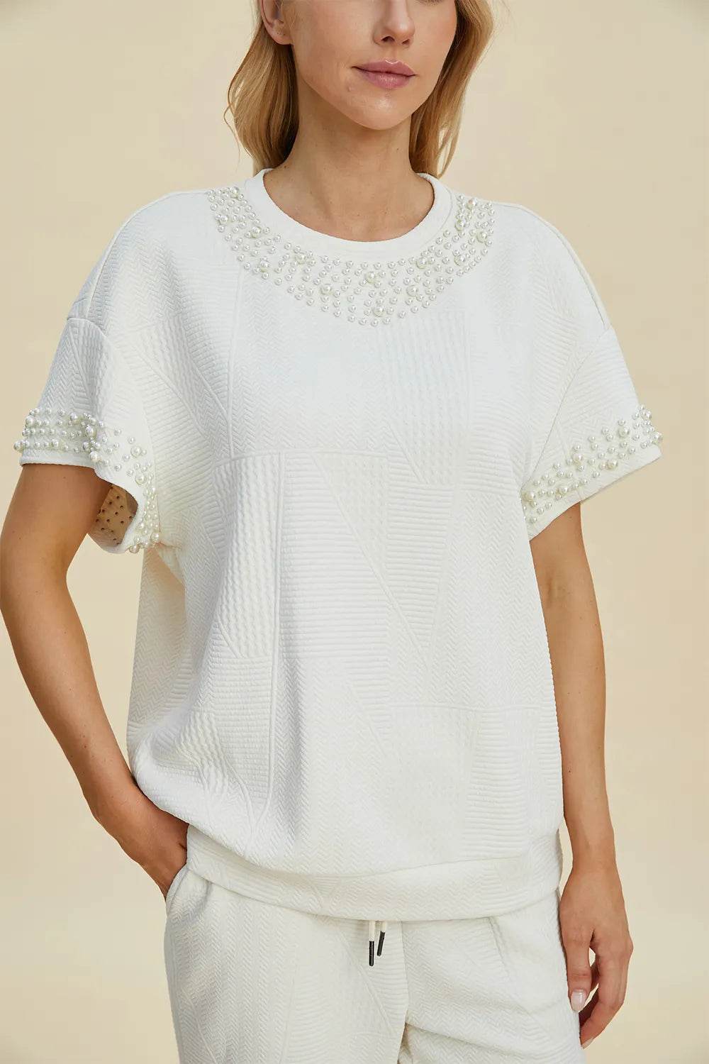 Double Take Full Size Pearl Detail Round Neck Top and Pants Set - Veloro