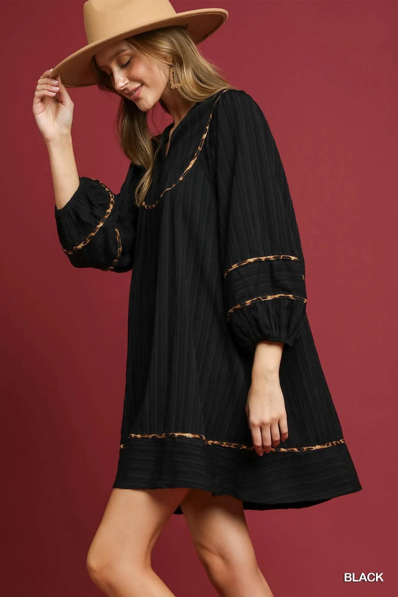Umgee Full Size Textured Babydoll Dress with Leopard Trim Plus Size - Veloro