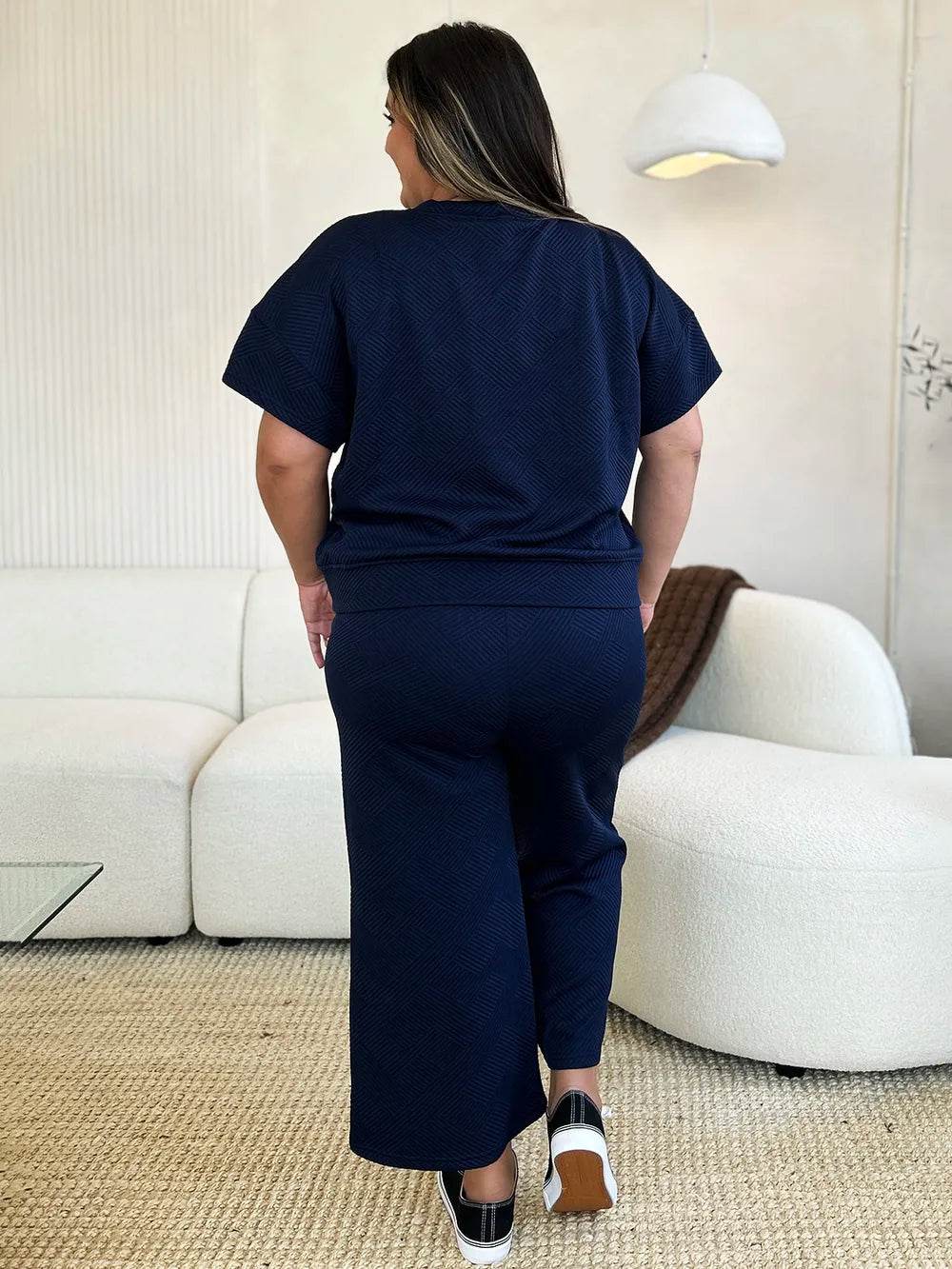 Double Take Full Size Texture Short Sleeve Top and Pants Set - Veloro