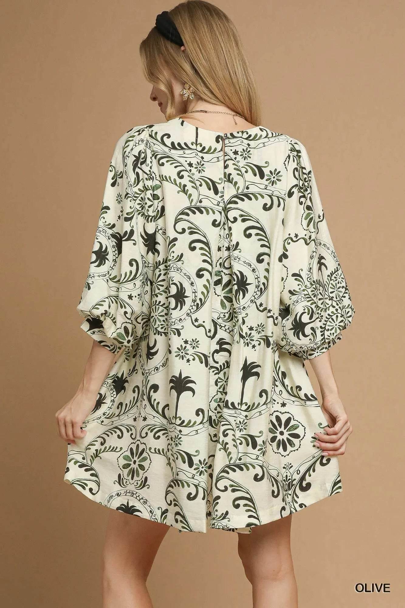 Umgee Boho Printed Balloon Sleeve Mini Dress - Veloro