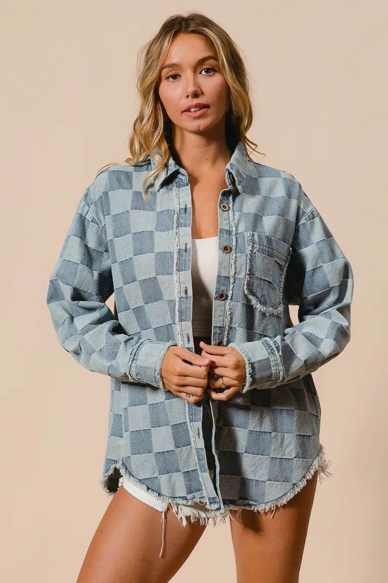 BiBi Frayed Edged Detail Washed Checker Denim Shirt - Veloro