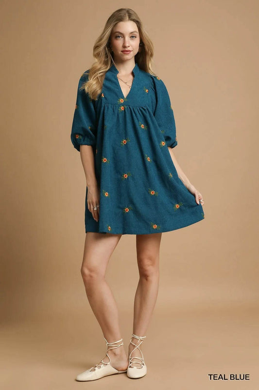 Umgee Corduroy Babydoll Dress with Floral Embroidery - Veloro