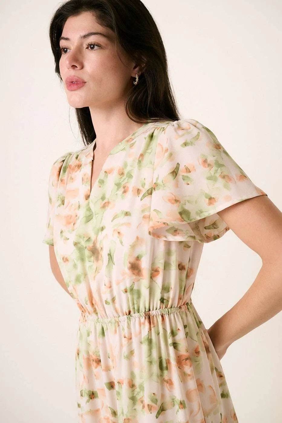 Mittoshop Flower Print Flutter Sleeve V Slit Maxi Dress - Veloro