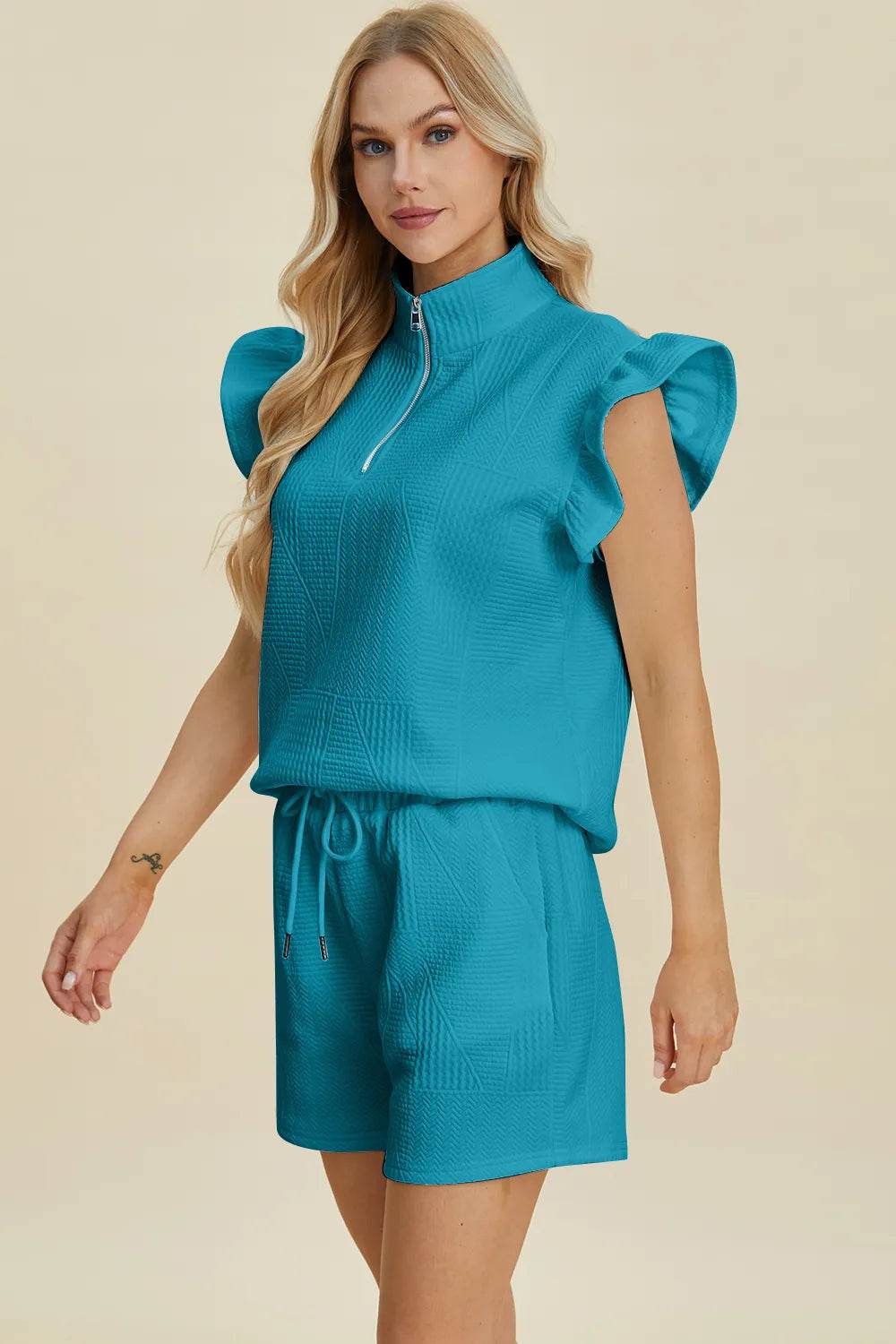 Double Take Full Size Texture Flounce Sleeve Top and Shorts Set - Veloro