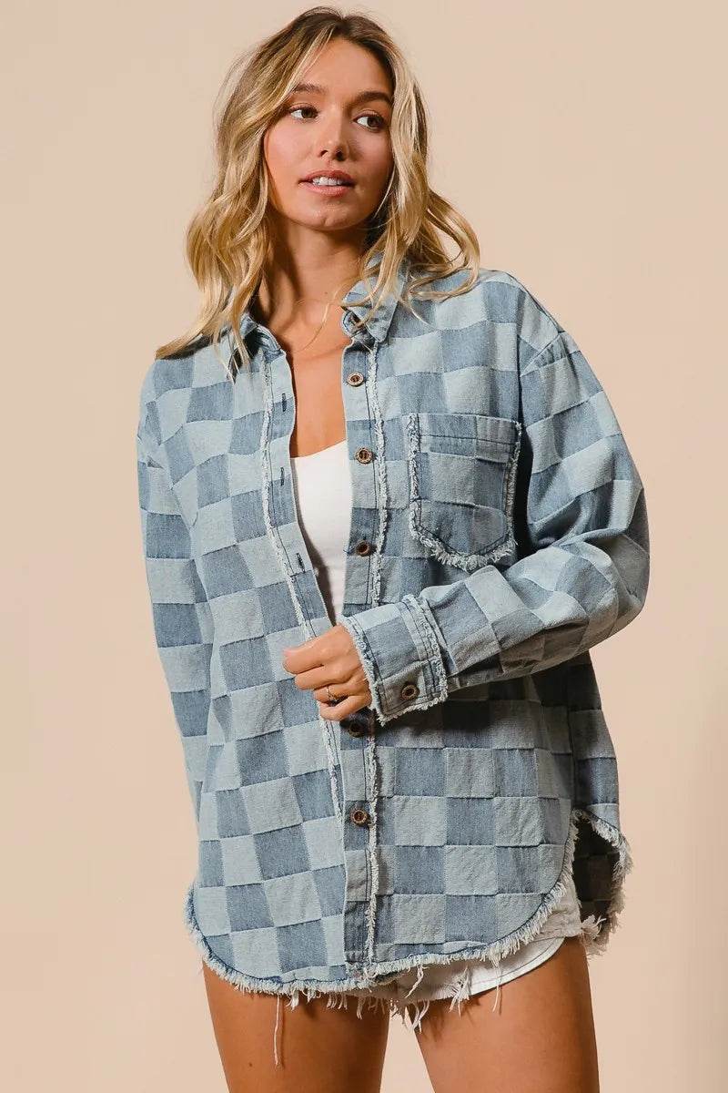 BiBi Frayed Edged Detail Washed Checker Denim Shirt - Veloro