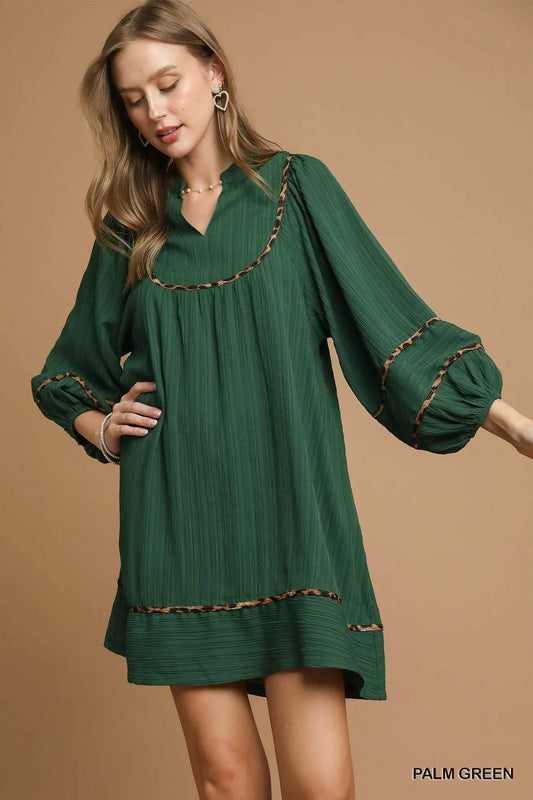 Umgee Textured Babydoll Dress with Leopard Trim - Veloro