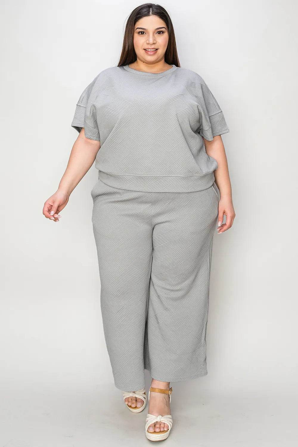 Double Take Full Size Texture Short Sleeve Top and Pants Set - Veloro