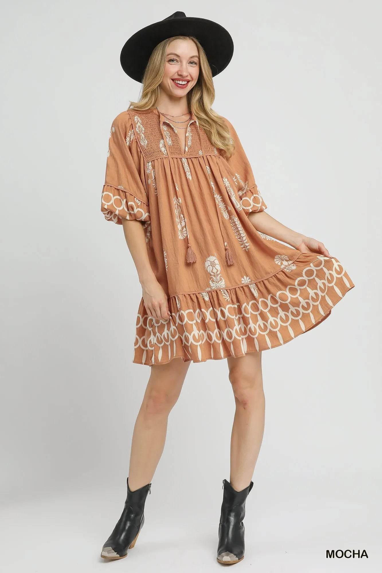 Umgee Boarder Print Tassel Tie Neck Mini Dress - Veloro
