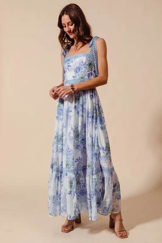 SO ME Floral Print Flowy Maxi Dress with Lace Ribbon Tie - Veloro