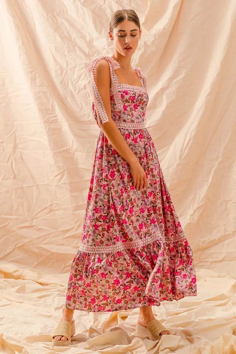 SO ME Floral Maxi Dress With Ribbon Tie Lace Strap - Veloro