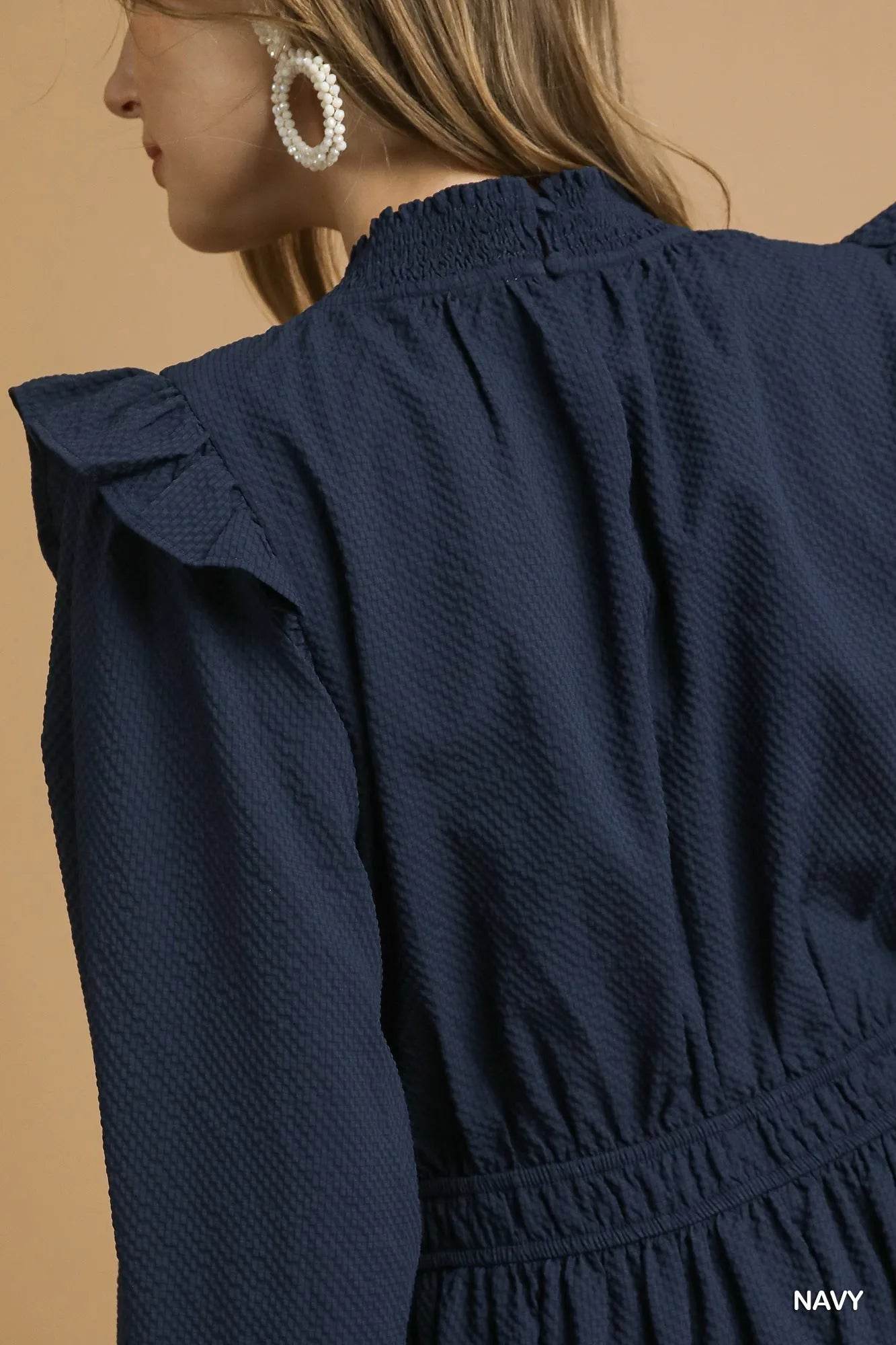 Umgee Textured Midi Dress with Ruffle Shoulder Detail - Veloro