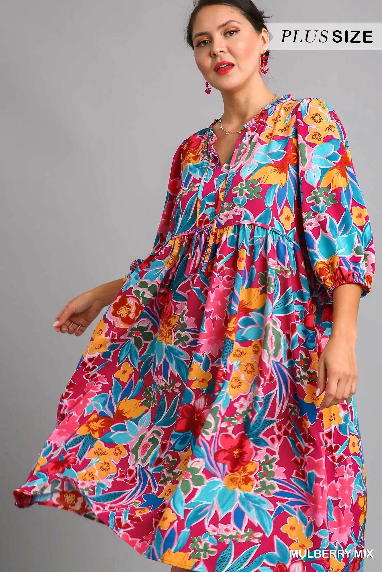 Umgee Full Size Floral Print Tie Neck Midi Dress with Pockets Plus Size - Veloro
