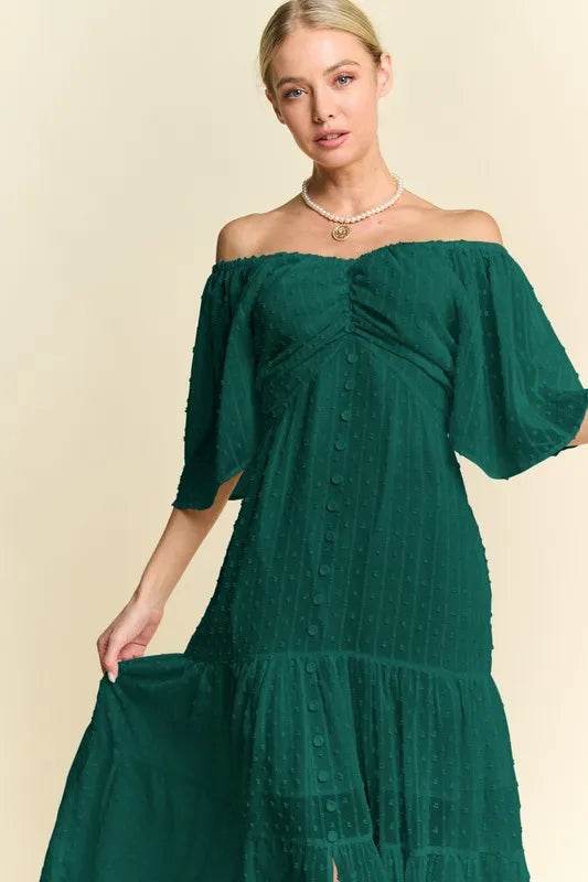 Davi & Dani Swiss Dotted Ruched Ruffle Open Back Midi Dress - Veloro