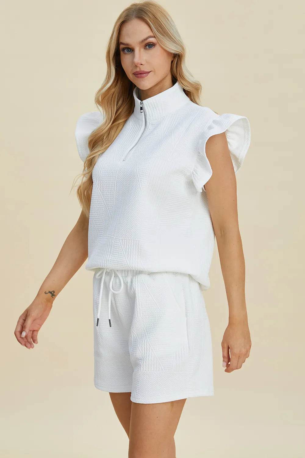 Double Take Full Size Texture Flounce Sleeve Top and Shorts Set - Veloro